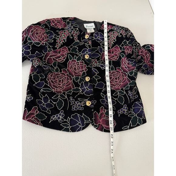 Vtg 80s Womens Black Velvet Purple Floral Gold Crest Button Holiday Jacket Small - Picture 5 of 5